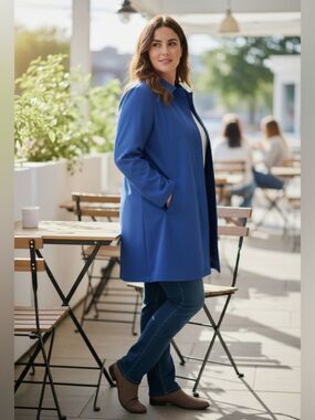 Eileen Fisher Blue Button Down A Line Raincoat Trench Coat Sz XL